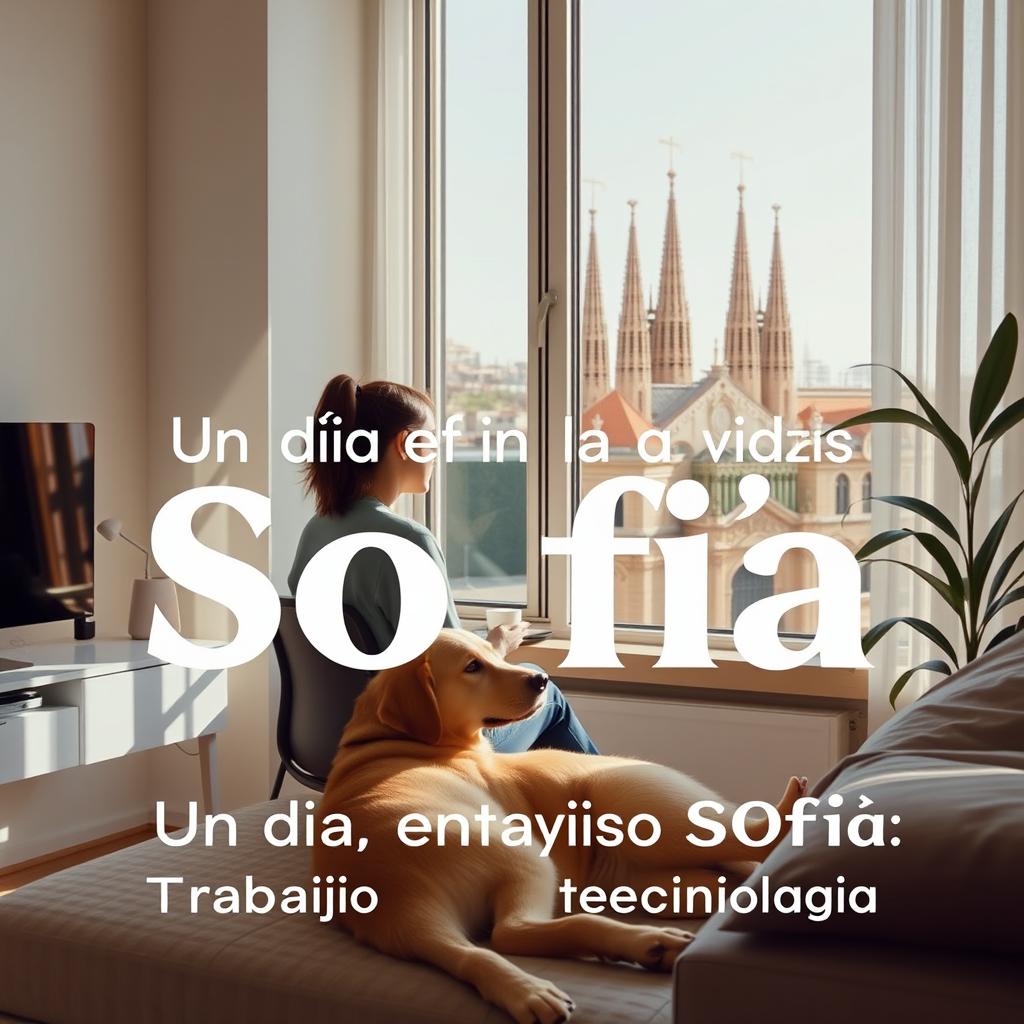 Design a YouTube video cover titled 'Un día en la vida de Sofía: Trabajo, amor y tecnología'