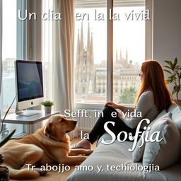 Design a YouTube video cover titled 'Un día en la vida de Sofía: Trabajo, amor y tecnología'