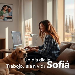 Design a YouTube video cover titled 'Un día en la vida de Sofía: Trabajo, amor y tecnología'