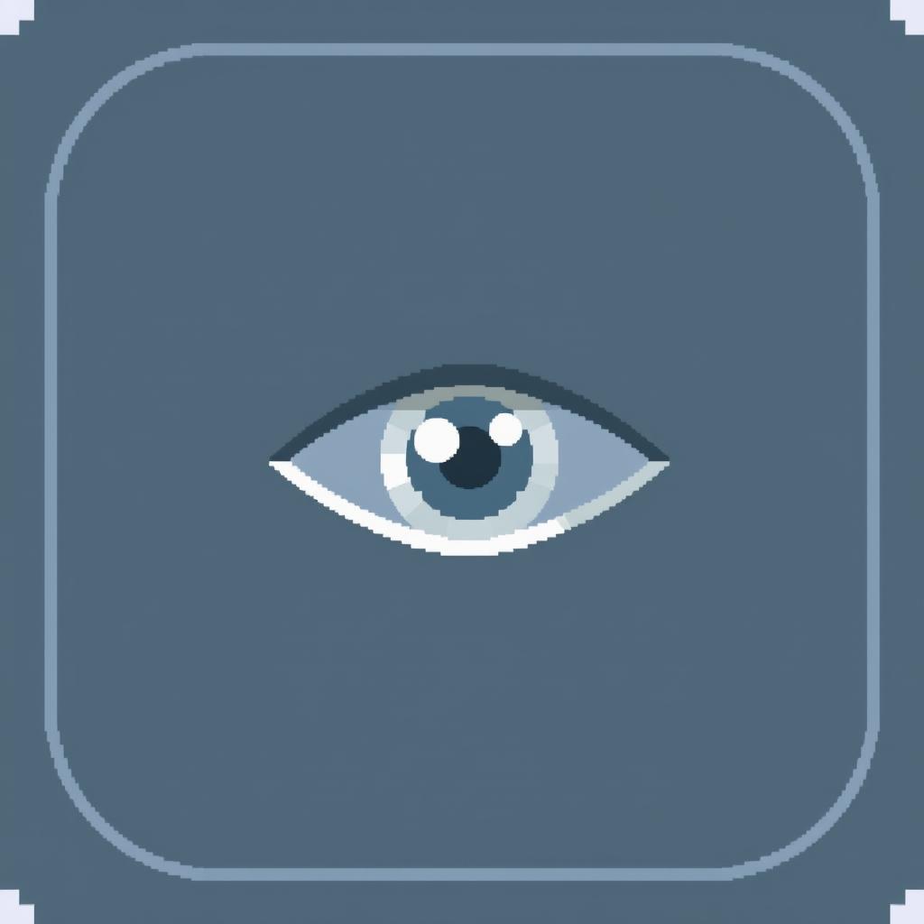 A minimalistic pixel art game icon featuring a striking silver eye in the center