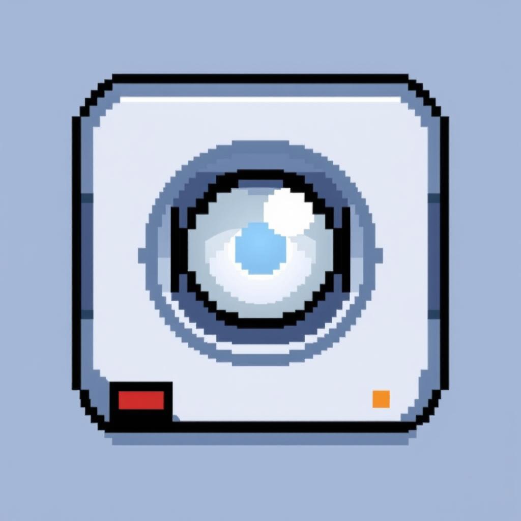 A minimalistic pixel art game icon featuring a striking silver eye in the center