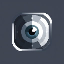 A minimalistic pixel art game icon featuring a striking silver eye in the center