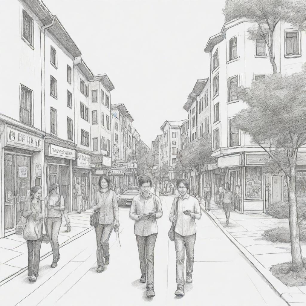 Generate a lighter, cartoon-like sketch artwork showing modern lifestyle. The scene should show people using their cellphones while walking among modestly depicted buildings, houses, and a few trees.