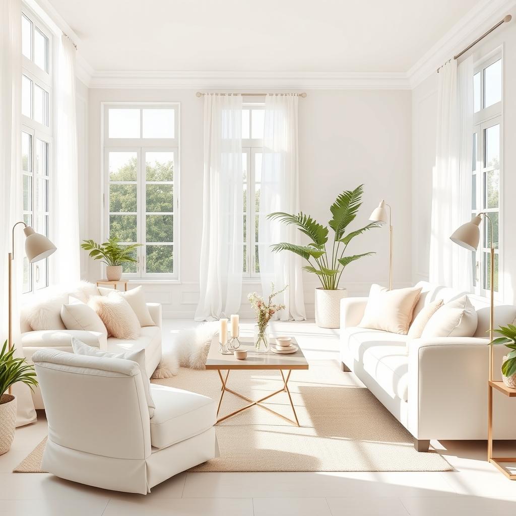 An elegantly designed interior of a light-filled living room, showcasing a plush soft white bench and a cozy white sofa