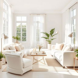 An elegantly designed interior of a light-filled living room, showcasing a plush soft white bench and a cozy white sofa