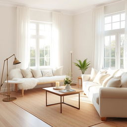 An elegantly designed interior of a light-filled living room, showcasing a plush soft white bench and a cozy white sofa