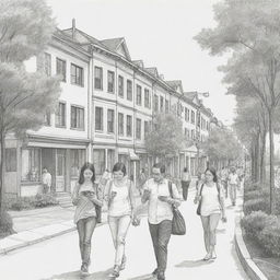 Generate a lighter, cartoon-like sketch artwork showing modern lifestyle. The scene should show people using their cellphones while walking among modestly depicted buildings, houses, and a few trees.