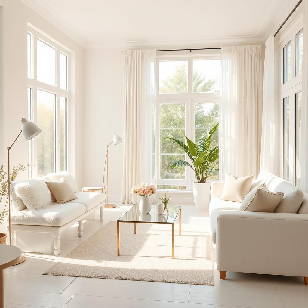 An elegantly designed interior of a light-filled living room, showcasing a plush soft white bench and a cozy white sofa