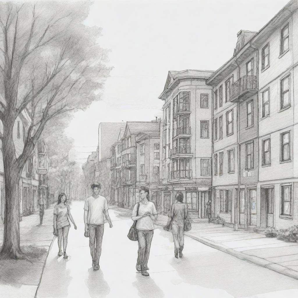 Generate a lighter, cartoon-like sketch artwork showing modern lifestyle. The scene should show people using their cellphones while walking among modestly depicted buildings, houses, and a few trees.