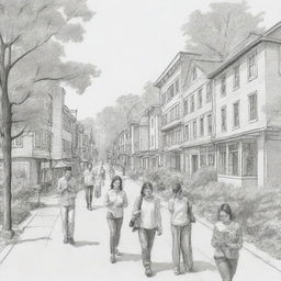 Generate a lighter, cartoon-like sketch artwork showing modern lifestyle. The scene should show people using their cellphones while walking among modestly depicted buildings, houses, and a few trees.