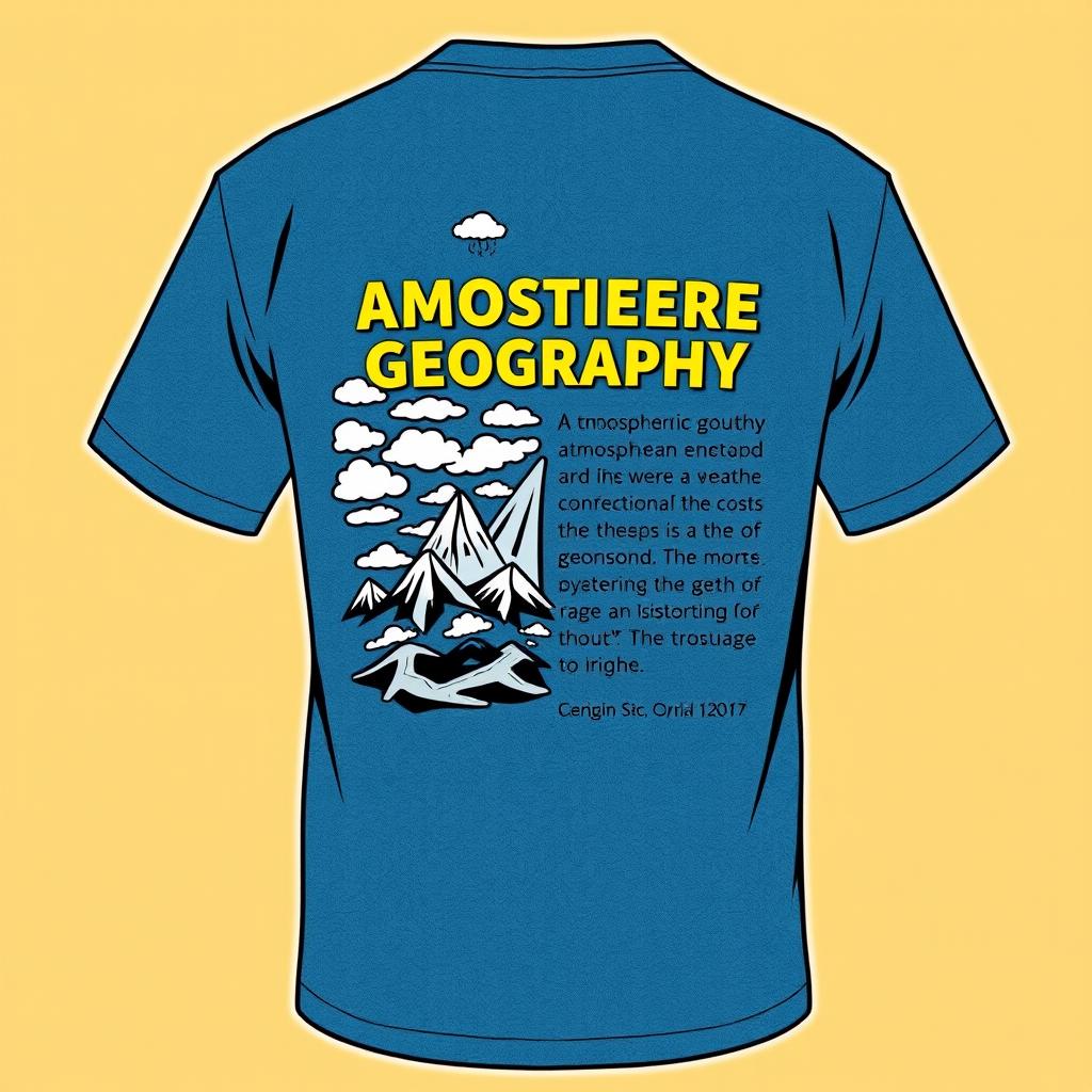 T-shirt design featuring a front graphic that illustrates the atmospheric geography theme, showcasing clouds, weather patterns, and topographical elements