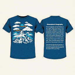 T-shirt design featuring a front graphic that illustrates the atmospheric geography theme, showcasing clouds, weather patterns, and topographical elements