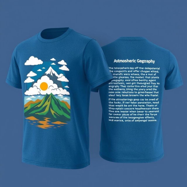 T-shirt design featuring a front graphic that illustrates the atmospheric geography theme, showcasing clouds, weather patterns, and topographical elements