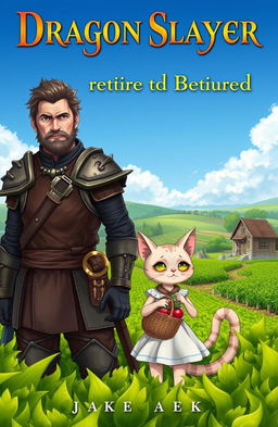 A captivating novel cover featuring a seasoned Dragon Slayer, a rugged man aged 46 with battle-scarred armor and a weary yet wise expression, standing proudly amidst a lush green farm