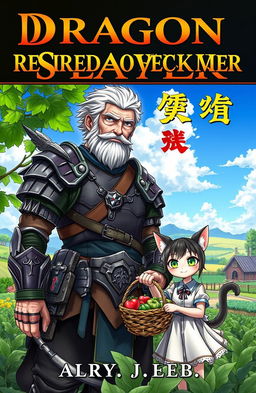 A captivating novel cover featuring a seasoned Dragon Slayer, a rugged man aged 46 with battle-scarred armor and a weary yet wise expression, standing proudly amidst a lush green farm