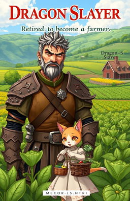 A captivating novel cover featuring a seasoned Dragon Slayer, a rugged man aged 46 with battle-scarred armor and a weary yet wise expression, standing proudly amidst a lush green farm