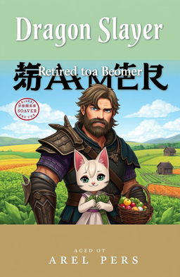 A captivating novel cover featuring a seasoned Dragon Slayer, a rugged man aged 46 with battle-scarred armor and a weary yet wise expression, standing proudly amidst a lush green farm