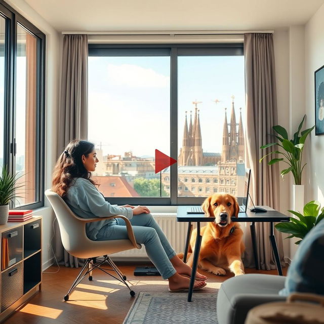 A vibrant and inviting YouTube video thumbnail depicting Sofía, a 29-year-old young woman programmer, sitting comfortably in her modern apartment at her computer