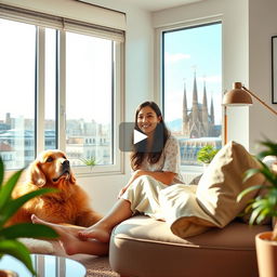 A vibrant and inviting YouTube video thumbnail depicting Sofía, a 29-year-old young woman programmer, sitting comfortably in her modern apartment at her computer