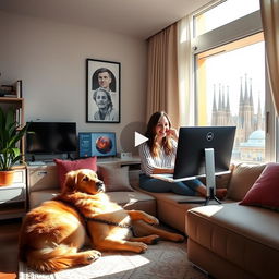 A vibrant and inviting YouTube video thumbnail depicting Sofía, a 29-year-old young woman programmer, sitting comfortably in her modern apartment at her computer