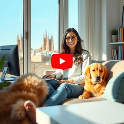 A vibrant and inviting YouTube video thumbnail depicting Sofía, a 29-year-old young woman programmer, sitting comfortably in her modern apartment at her computer