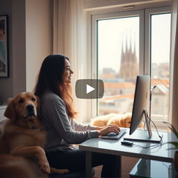 A vibrant YouTube video thumbnail featuring Sofía, a 29-year-old young programmer, seated at her computer in her modern apartment