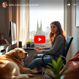 A vibrant YouTube video thumbnail featuring Sofía, a 29-year-old young programmer, seated at her computer in her modern apartment