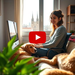 A vibrant YouTube video thumbnail featuring Sofía, a 29-year-old young programmer, seated at her computer in her modern apartment