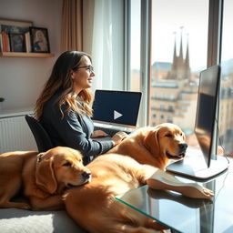 A vibrant YouTube video thumbnail featuring Sofía, a 29-year-old young programmer, seated at her computer in her modern apartment