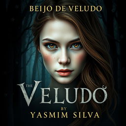 Book cover design for 'Beijo de Veludo' by Yasmim Silva featuring the protagonist with brown eyes and brown hair, white skin with light freckles