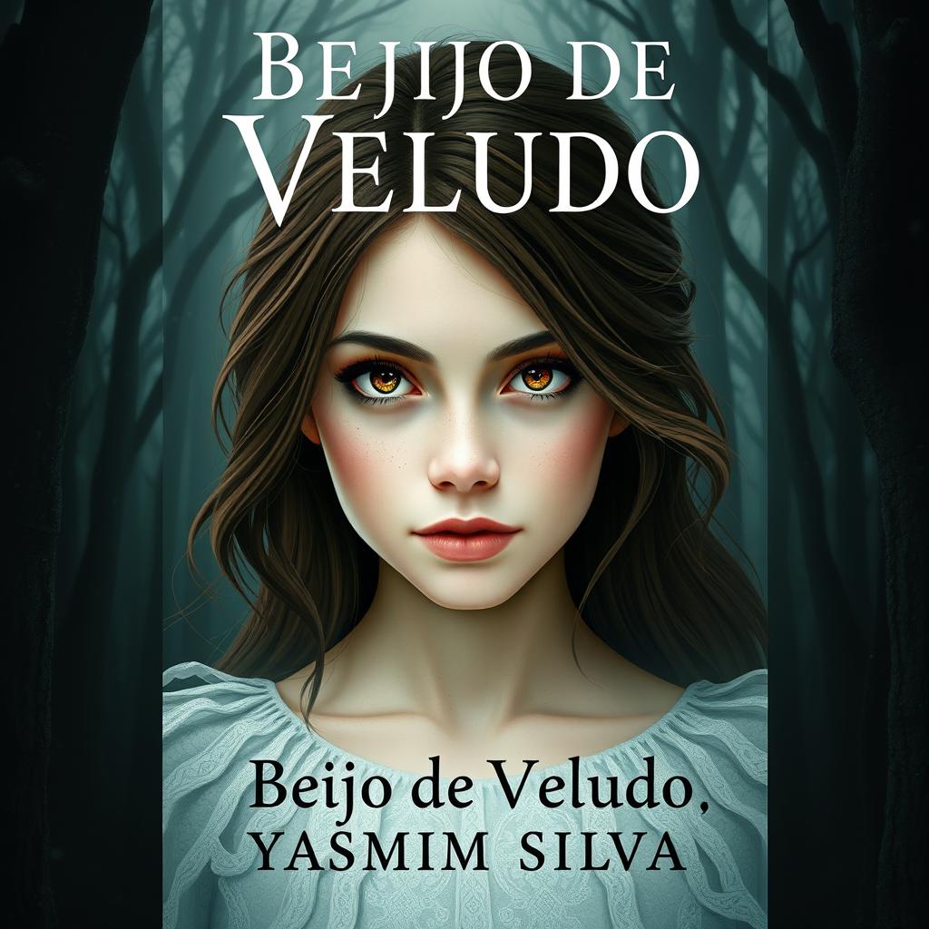 Book cover design for 'Beijo de Veludo' by Yasmim Silva featuring the protagonist with brown eyes and brown hair, white skin with light freckles