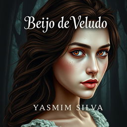 Book cover design for 'Beijo de Veludo' by Yasmim Silva featuring the protagonist with brown eyes and brown hair, white skin with light freckles