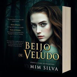 Book cover design for 'Beijo de Veludo' by Yasmim Silva featuring the protagonist with brown eyes and brown hair, white skin with light freckles