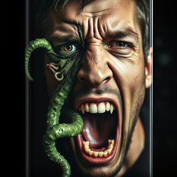 A striking book cover for a horror novel, featuring a close-up of a man's face in a dramatic scream