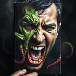 A striking book cover for a horror novel, featuring a close-up of a man's face in a dramatic scream