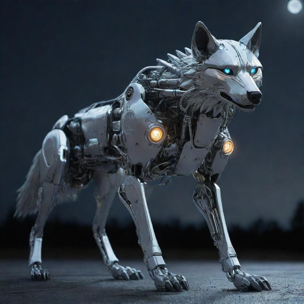 A futuristic robotic wolf, its metallic body gleaming in the moonlight, its mechanical eyes glowing with an eerie light.