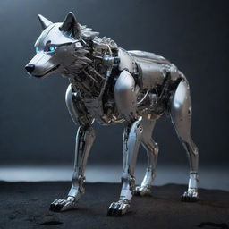 A futuristic robotic wolf, its metallic body gleaming in the moonlight, its mechanical eyes glowing with an eerie light.