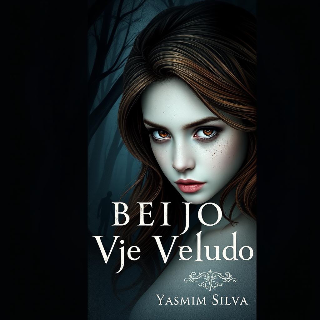 Book cover design for 'Beijo de Veludo' by Yasmim Silva featuring the protagonist with brown eyes and brown hair, white skin with light freckles