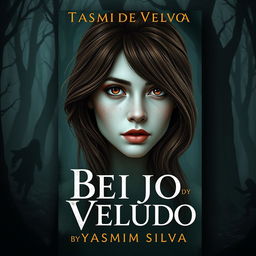 Book cover design for 'Beijo de Veludo' by Yasmim Silva featuring the protagonist with brown eyes and brown hair, white skin with light freckles