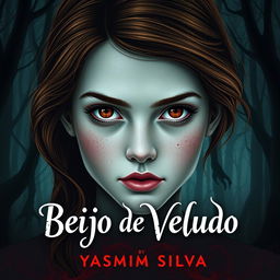 Book cover design for 'Beijo de Veludo' by Yasmim Silva featuring the protagonist with brown eyes and brown hair, white skin with light freckles