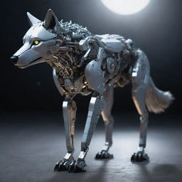 A futuristic robotic wolf, its metallic body gleaming in the moonlight, its mechanical eyes glowing with an eerie light.