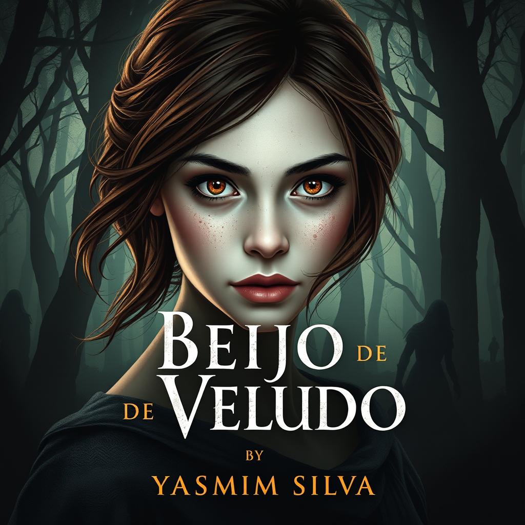 Book cover design for 'Beijo de Veludo' by Yasmim Silva featuring the protagonist with brown eyes and brown hair, white skin with light freckles