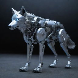 A futuristic robotic wolf, its metallic body gleaming in the moonlight, its mechanical eyes glowing with an eerie light.