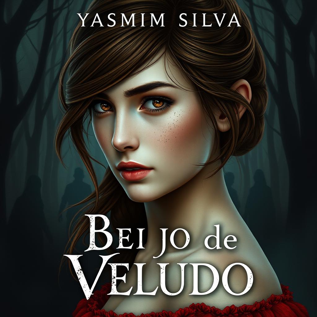 Book cover design for 'Beijo de Veludo' by Yasmim Silva featuring the protagonist with brown eyes and brown hair, white skin with light freckles