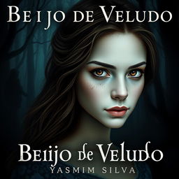 Book cover design for 'Beijo de Veludo' by Yasmim Silva featuring the protagonist with brown eyes and brown hair, white skin with light freckles