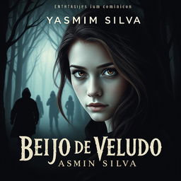 Book cover design for 'Beijo de Veludo' by Yasmim Silva featuring the protagonist with brown eyes and brown hair, white skin with light freckles