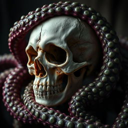 A hauntingly beautiful image featuring a human skull ensnared by massive, textured tentacles