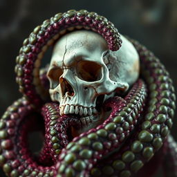 A hauntingly beautiful image featuring a human skull ensnared by massive, textured tentacles