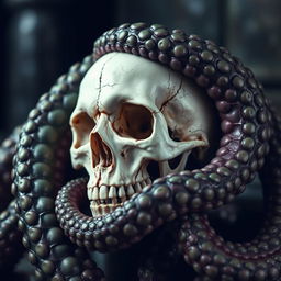 A hauntingly beautiful image featuring a human skull ensnared by massive, textured tentacles