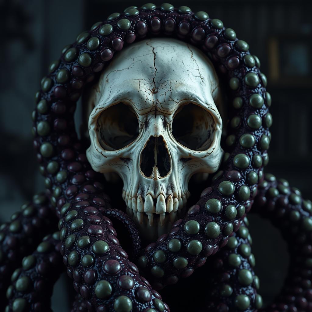 A hauntingly beautiful image featuring a human skull ensnared by massive, textured tentacles